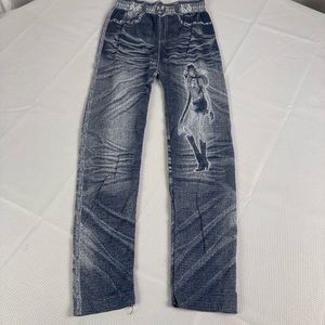 Chuns Female Navy Jean Leggings with Anime girl print. Size F. Fits most XS-M.